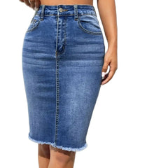 2024 Summer New High Elastic Raw Edge Slim Denim Skirt for Women Fashion Skinny Jeans Hip Cover Skirt Casual Ladies Clothing