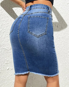 2024 Summer New High Elastic Raw Edge Slim Denim Skirt for Women Fashion Skinny Jeans Hip Cover Skirt Casual Ladies Clothing