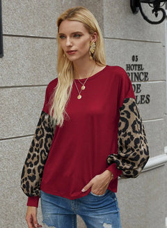 2020 leopard print O neck long lantern sleeve tshirt winter Loose Casual patchwork top Soft Tshirt streetwear women Top Tee