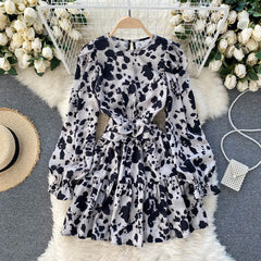 2021 Spring and Summer New Retro Fashion Leopard Print French Long-sleeved Waist-sealing Design Ruffled Dress