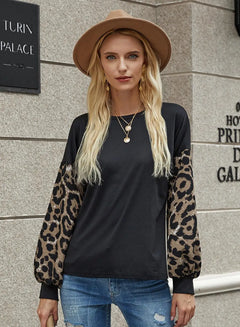 2020 leopard print O neck long lantern sleeve tshirt winter Loose Casual patchwork top Soft Tshirt streetwear women Top Tee