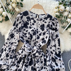 2021 Spring and Summer New Retro Fashion Leopard Print French Long-sleeved Waist-sealing Design Ruffled Dress