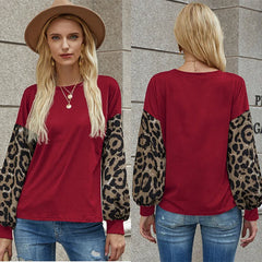 2020 leopard print O neck long lantern sleeve tshirt winter Loose Casual patchwork top Soft Tshirt streetwear women Top Tee