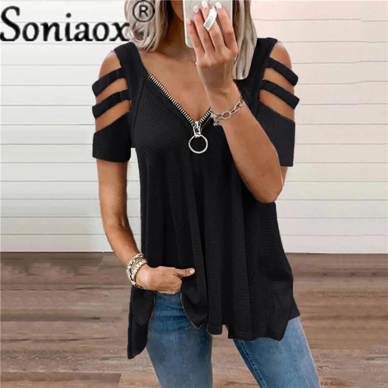 Women Loose T-Shirt Sexy Zipper V-Neck Collar Solid Color Hollow Out Long Sleeve Fold Casual Tops Harajuku Street Ladies T Shirt