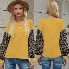 2020 leopard print O neck long lantern sleeve tshirt winter Loose Casual patchwork top Soft Tshirt streetwear women Top Tee