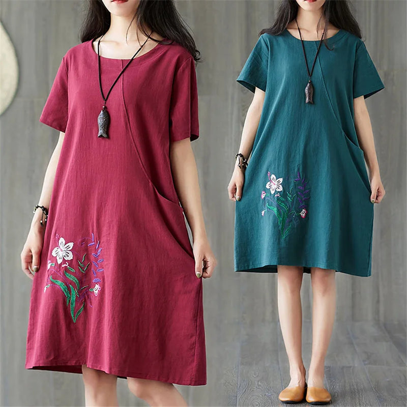 Embroidered Cotton Linen Summer Dress 2021 New Women Vintage Short Sleeve Pocket Dress Casual Loose Plus Size Floral Midi Dress