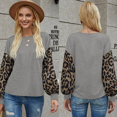 2020 leopard print O neck long lantern sleeve tshirt winter Loose Casual patchwork top Soft Tshirt streetwear women Top Tee