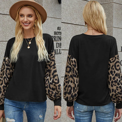 2020 leopard print O neck long lantern sleeve tshirt winter Loose Casual patchwork top Soft Tshirt streetwear women Top Tee