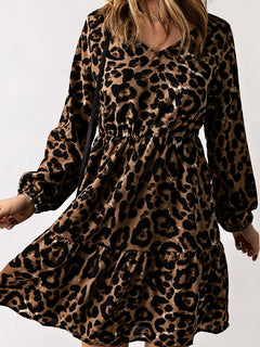 Fashion Leopard Print V-neck Long Sleeves Dress 2024 Summer New Arrival All-Matching Slim Fit Slimming Pullover Knee-Length Skirt for Women