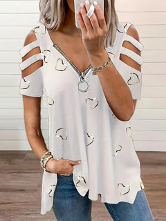 Women Summer Cold Shoulder V-Neck Zipper Printed Hollow Out T-Shirt Ladies Casual Loose Blouse Tunic Tops High Quality Clothing