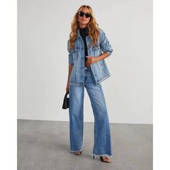 2024 Spring Summer New Women's Clothing Solid Color Loose Wide Leg Side Seam Stitching Frayed Hem Jeans