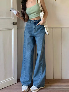 Vintage Autumn Wide Leg Jeans Women High Waist Loose Denim Blue Pants Female Casual Jean Pockets Trousers 4839