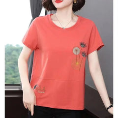 Casual Solid Round Neck Embroidery Tops Summer Women's Clothing Fashion Simplicity Short Sleeve Pullovers T-shirt for Female