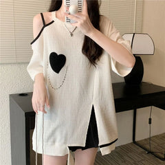 Women Clothing Korean Irregular Csual O-neck Short Sleeve T-Shirt Summer Fashion Strapless Loose Top Tee Female Casual Tops