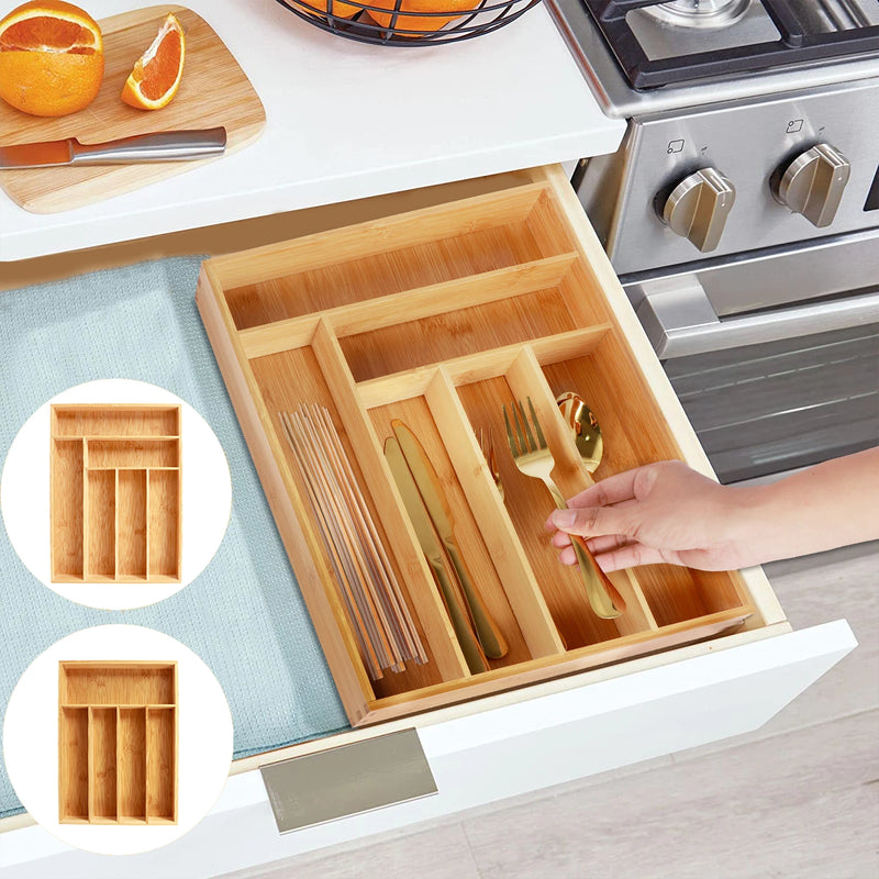 Bamboo Kitchen Utensil Organizer 5/6 Compartments Drawer Tableware Storage Tray Utensils Holder for Spoons Forks Knives Cutlerie