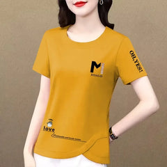 2023 New Summer Women's Clothing T-shirts Pure Cotton Solid Color Printing Short Sleeve Loose Slim Versatile Round Neck Tops