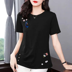 Women's T-shirt Round Neck Short Sleeve Summer 2023 New Cotton Simple Casual Fashion Versatile Folds Graphic Printing Tops