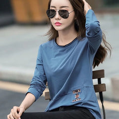 Classic Women's Clothing 2024 Spring Autumn Crew Neck New Style Long Sleeve Solid Embroidery Tee Shirt Pullover Casual Tops