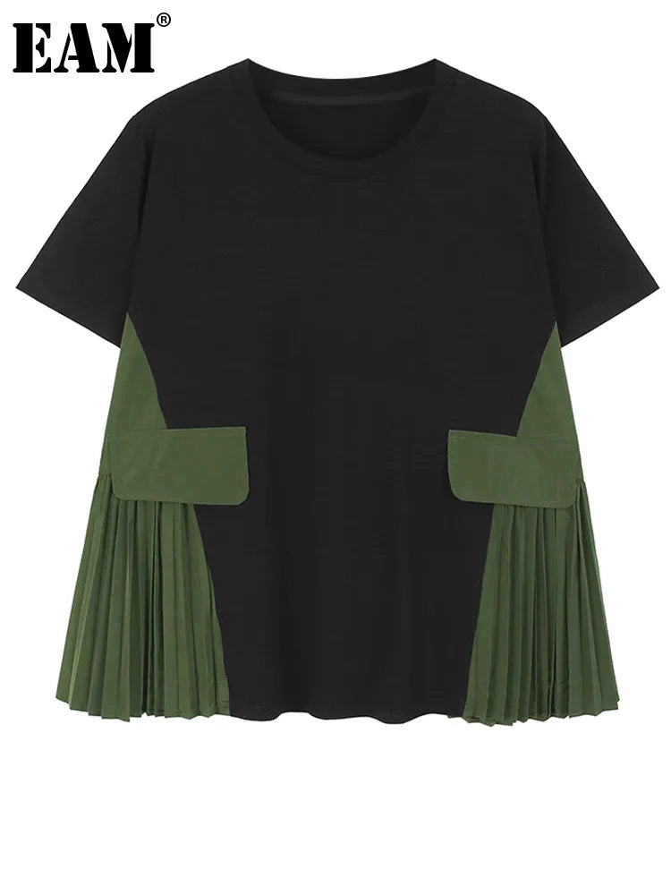 [EAM] Women Black Green Color-block Pleated Big Size T-shirt New Round Neck Short Sleeve Fashion Tide Spring Summer 2024 1DH5673