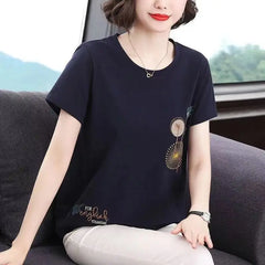 Casual Solid Round Neck Embroidery Tops Summer Women's Clothing Fashion Simplicity Short Sleeve Pullovers T-shirt for Female