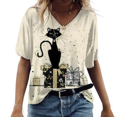 Women's T-shirt Cartoon Cat Print Summer Short Sleeve V-Neck Kawaii Fashion Casual Tee Shirts With Cat Funny Femininity Clothing