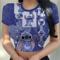 Slim Fit Female Clothing Party Women's T-shirt Print Kawaii Sexy Y2k Fashion T-shirts Cartoon Stitch Summer Tight Disney Tops 3D