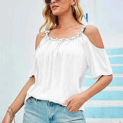 Women's Short Sleeve O-Neck Shirt, Lace Blouse, Sexy Off Shoulder Shirt, Solid Tops, Loose Clothes, Summer, 24933, 2024