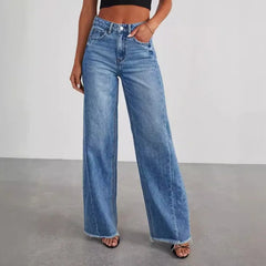 2024 Spring Summer New Women's Clothing Solid Color Loose Wide Leg Side Seam Stitching Frayed Hem Jeans