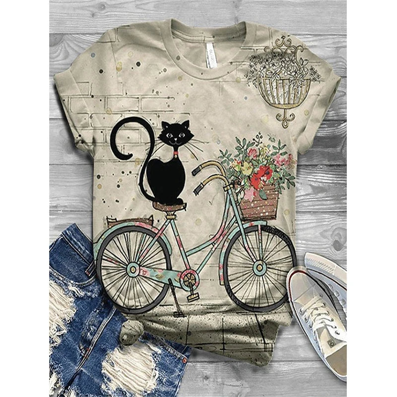 Women's T-shirt, flower cat 3D printed short sleeved daily basic round neck, regular slim fit, women's short sleeved top