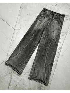 Y2k Fashion New American Tassel Black And Gray Washed Jeans Men Street Gothic Punk Style Teenagers Retro Loose Wide-leg Pants