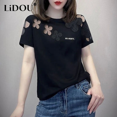 2023 Summer New Fashion Elegant Loose Casual T-Shirts Women Solid Color Round Neck Short Sleeve Embroidered Hollow Cotton Tees