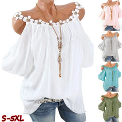 Women's Short Sleeve O-Neck Shirt, Lace Blouse, Sexy Off Shoulder Shirt, Solid Tops, Loose Clothes, Summer, 24933, 2024