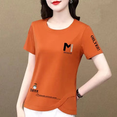 2023 New Summer Women's Clothing T-shirts Pure Cotton Solid Color Printing Short Sleeve Loose Slim Versatile Round Neck Tops