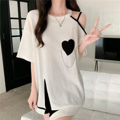 Women Clothing Korean Irregular Csual O-neck Short Sleeve T-Shirt Summer Fashion Strapless Loose Top Tee Female Casual Tops