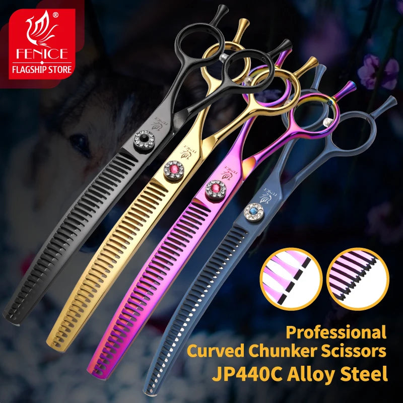 Fenice 7.25 inch professional dog grooming scissors curved chunkers scissors thinning shears for pet hair tijeras tesoura