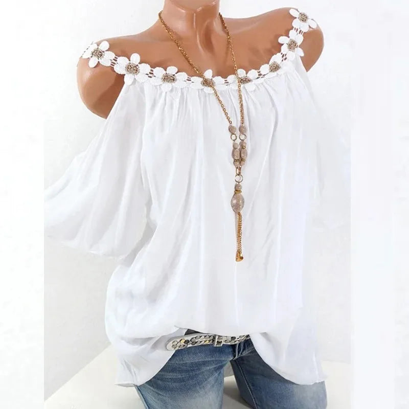 Women's Short Sleeve O-Neck Shirt, Lace Blouse, Sexy Off Shoulder Shirt, Solid Tops, Loose Clothes, Summer, 24933, 2024