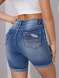 2024 Summer New High Waist Ripped Denim Shorts For Women Fashion Stretch Skinny Knee Length Jeans Shorts Casual Female Clothing