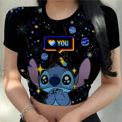 Slim Fit Female Clothing Party Women's T-shirt Print Kawaii Sexy Y2k Fashion T-shirts Cartoon Stitch Summer Tight Disney Tops 3D