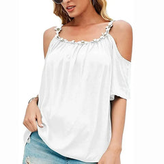 Women's Short Sleeve O-Neck Shirt, Lace Blouse, Sexy Off Shoulder Shirt, Solid Tops, Loose Clothes, Summer, 24933, 2024