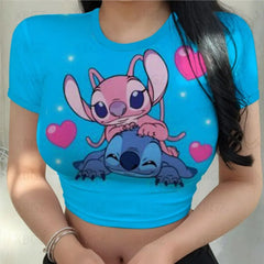 Slim Fit Female Clothing Party Women's T-shirt Print Kawaii Sexy Y2k Fashion T-shirts Cartoon Stitch Summer Tight Disney Tops 3D