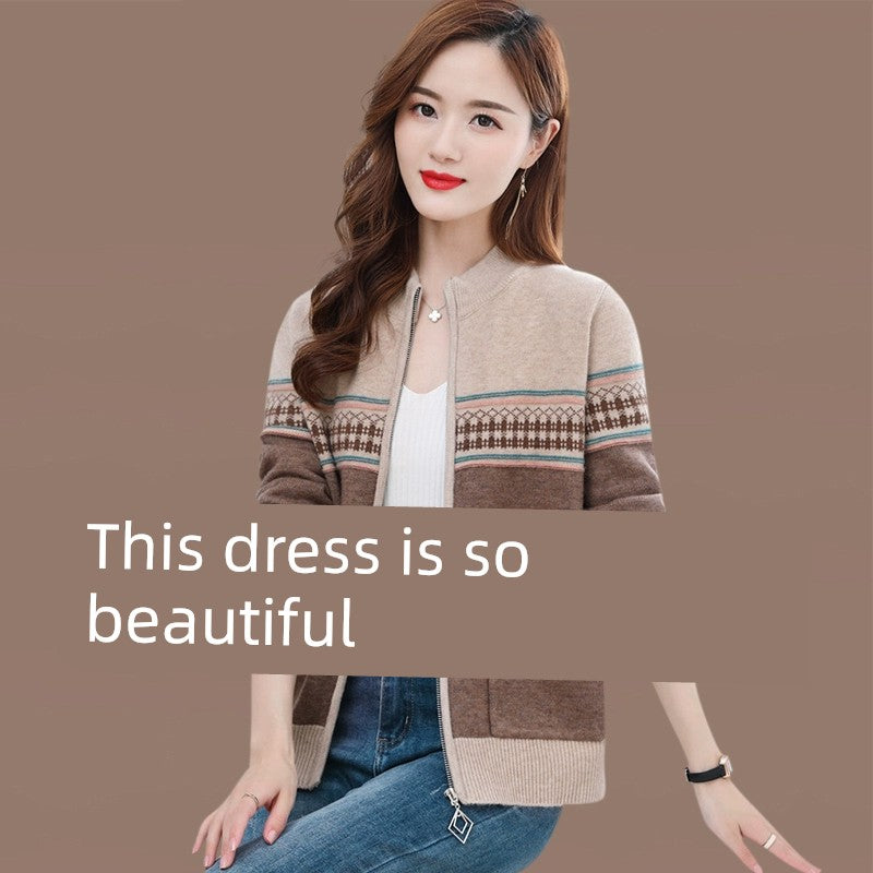 Spring and Autumn 2023 Middle-Aged New Color Matching Small Coat Women's Sweater Outer Tops Knitted Cardigan Western Style Women's