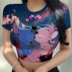 Slim Fit Female Clothing Party Women's T-shirt Print Kawaii Sexy Y2k Fashion T-shirts Cartoon Stitch Summer Tight Disney Tops 3D