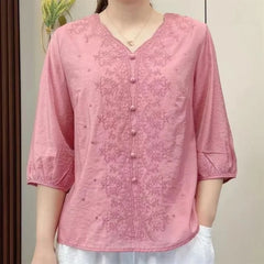 2024 New Summer Retro Chinese Style Loose Plus Size Lantern Sleeves Shirringv Collar Printed Embroidered Women's T-shirt Top