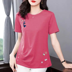 Women's T-shirt Round Neck Short Sleeve Summer 2023 New Cotton Simple Casual Fashion Versatile Folds Graphic Printing Tops