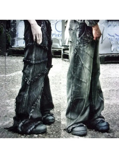 Y2k Fashion New American Tassel Black And Gray Washed Jeans Men Street Gothic Punk Style Teenagers Retro Loose Wide-leg Pants