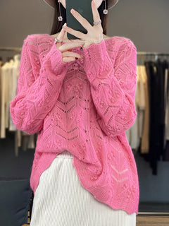 2024 Streetwear Women Cashmere Sweater 100% Merino Wool Knitted Hollow Pullover O-Neck Long-Sleeved Fashion Top  Autumn Winter