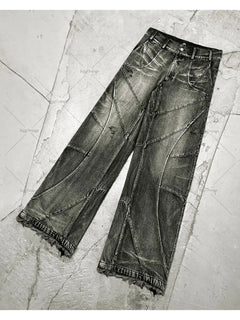 Y2k Fashion New American Tassel Black And Gray Washed Jeans Men Street Gothic Punk Style Teenagers Retro Loose Wide-leg Pants