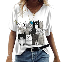 Women's T-shirt Cartoon Cat Print Summer Short Sleeve V-Neck Kawaii Fashion Casual Tee Shirts With Cat Funny Femininity Clothing