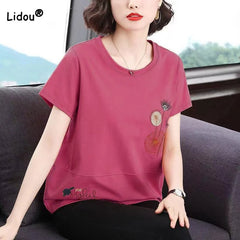 Casual Solid Round Neck Embroidery Tops Summer Women's Clothing Fashion Simplicity Short Sleeve Pullovers T-shirt for Female