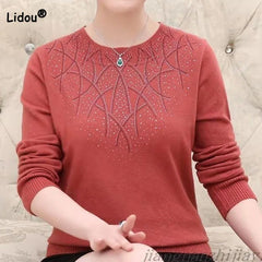 Autumn Winter Elegant Diamonds Round Neck Knitted Pullovers 2023 Simplicity All-match Solid Color Sweaters Women's Clothing